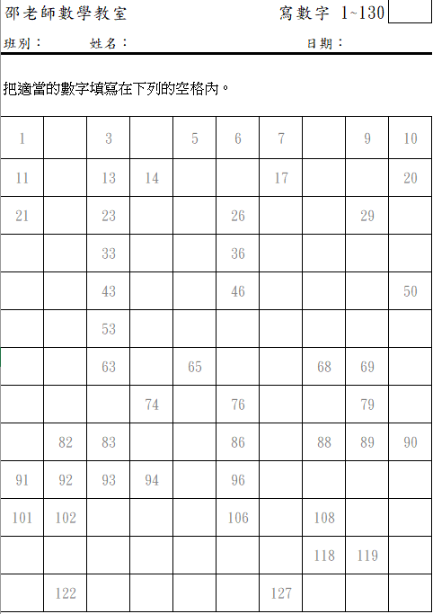 數序訓練：寫數字1-130